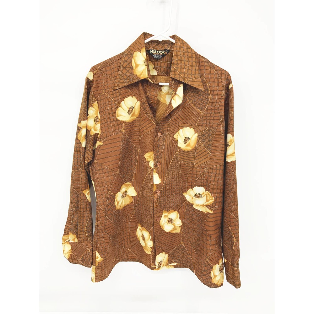 Vtg 70s NULook Permanent Press Brown Long Sleeve Collared Pointed Collar Sz 15.5